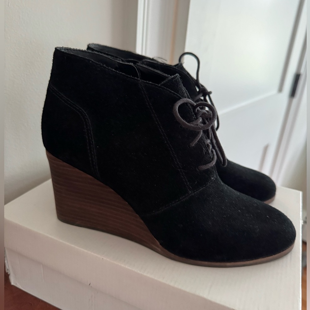 Lucky Brand Black Suede Wedge Ankle Boots